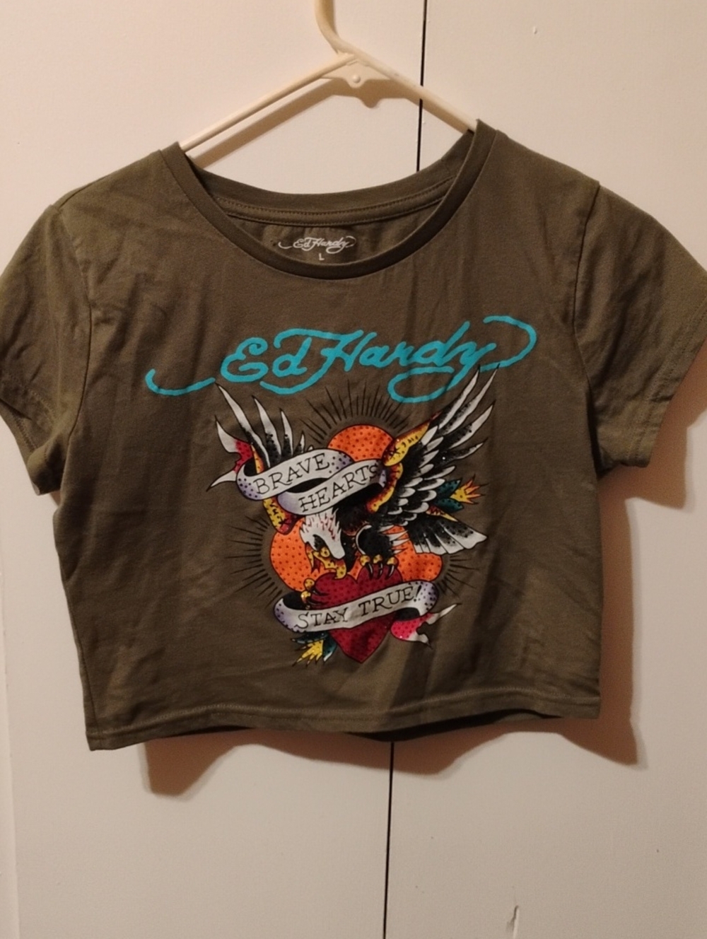 Ed Hardy Olive Crop Tee with Teal Logo and Multicolor Tattoo Graphic
